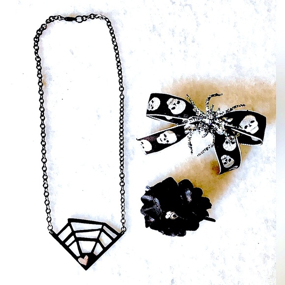 Hand Crafted Jewelry - Spider web necklace & Black bow w/skull/spider hair clip & black flower hairclip